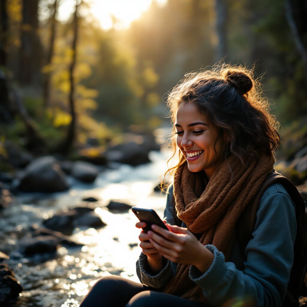 A young woman is sitting by a stream, smiling while using her smartphone.