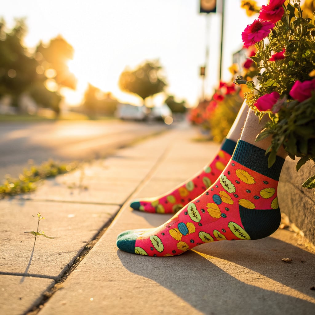 A pair of colorful socks is displayed next to blooming flowers on a sidewalk during sunset.