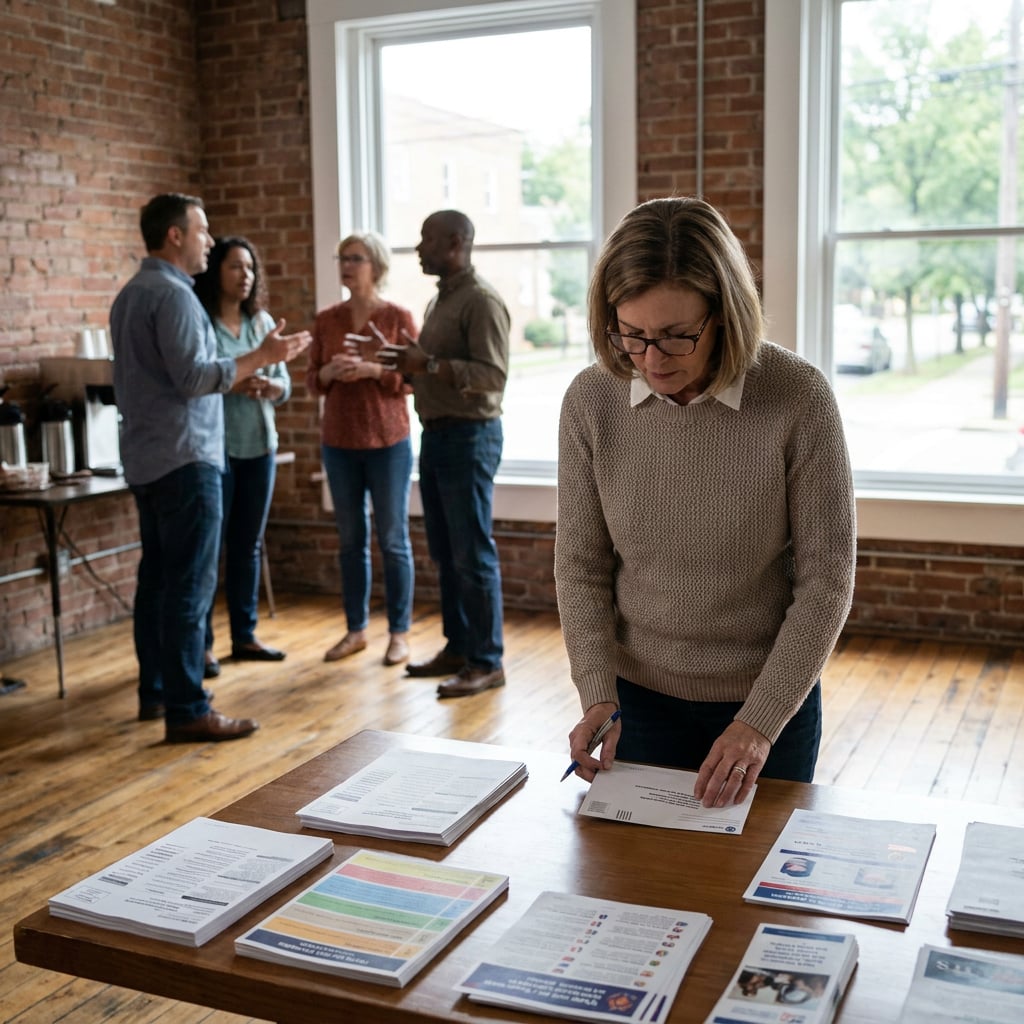 A woman is writing at a table while a group of people converse in the background.