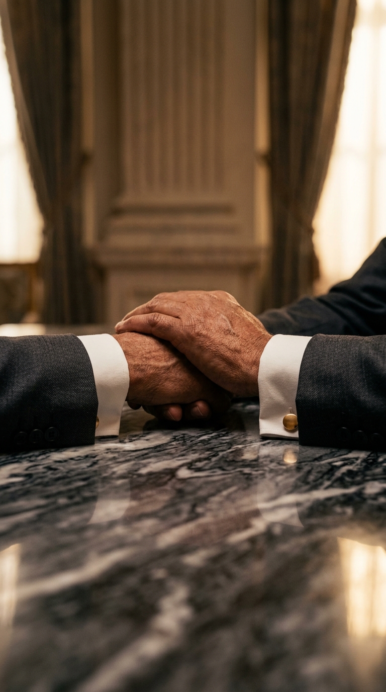 Two hands clasped together on a marble table.