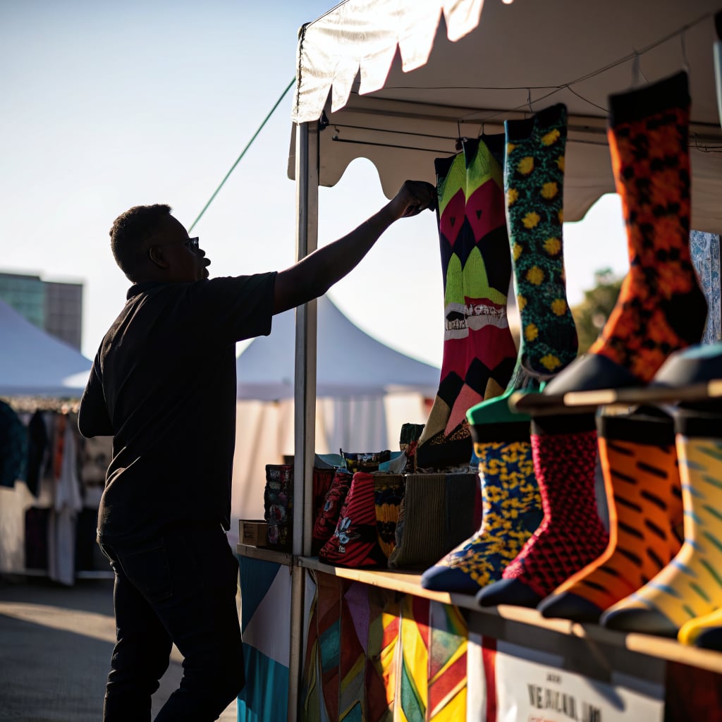 A person is browsing colorful socks at a market stall.