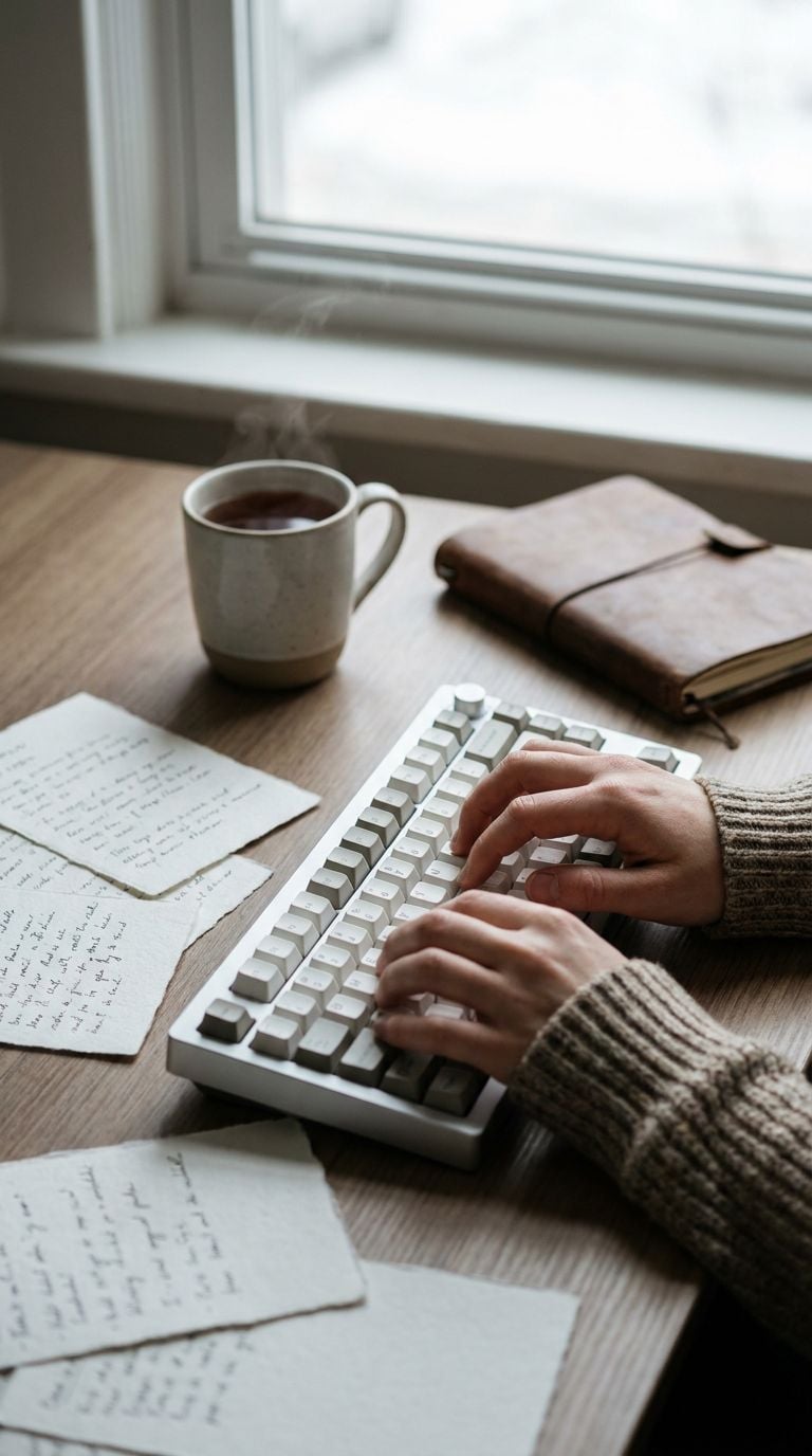 A person typing on a keyboard with a cup of coffee and handwritten notes on a table.