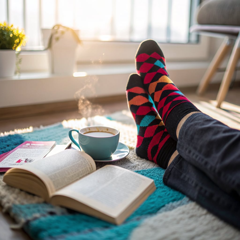A person is relaxing with colorful socks, a steaming cup of coffee, an open book, and a cozy atmosphere.