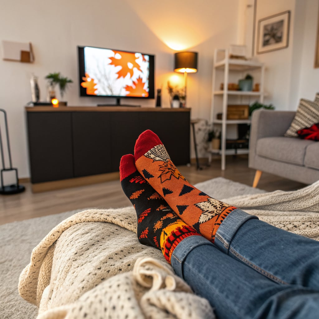 A person is relaxing on a couch with their feet up, wearing colorful autumn-themed socks in a cozy living room.