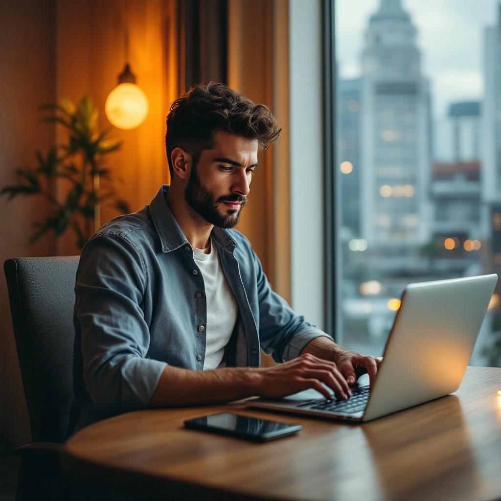 A man is working on a laptop at a desk in a modern office setting with a city view.