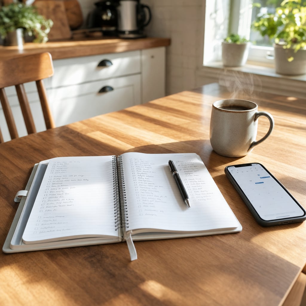 A notebook with a pen and a smartphone on a wooden table next to a steaming cup of coffee.