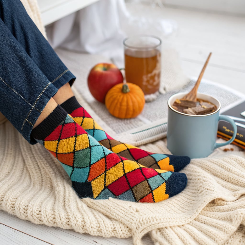 A person wearing colorful argyle socks sits on a cozy blanket with a cup of tea, a book, and autumn fruits.