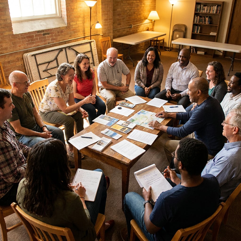 A group of people gathered around a table engaged in discussion and collaboration.