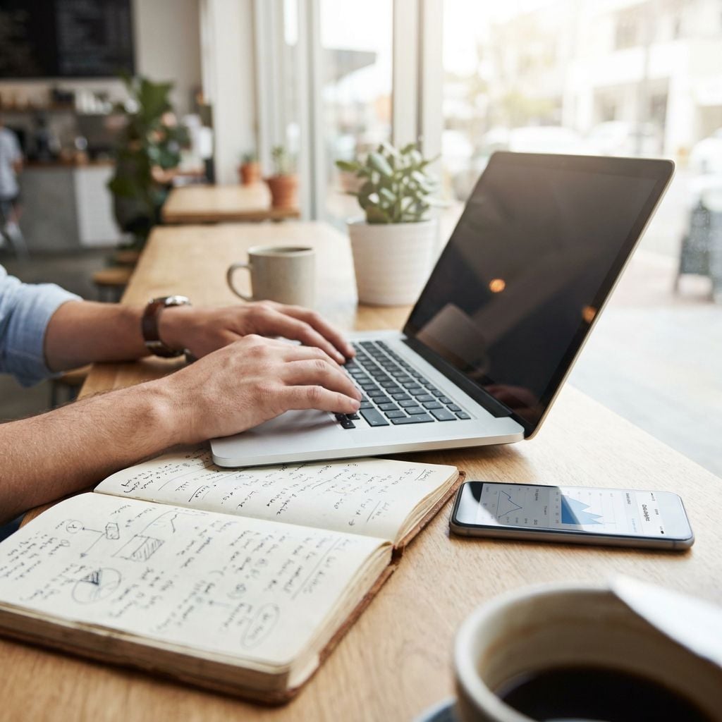 A person is typing on a laptop at a wooden table with a notebook and a smartphone nearby.