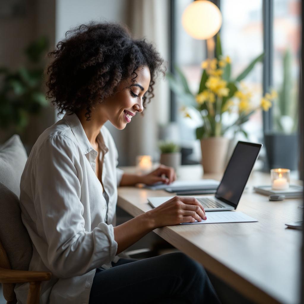 A woman with curly hair is working on a laptop at a desk with plants and candles.