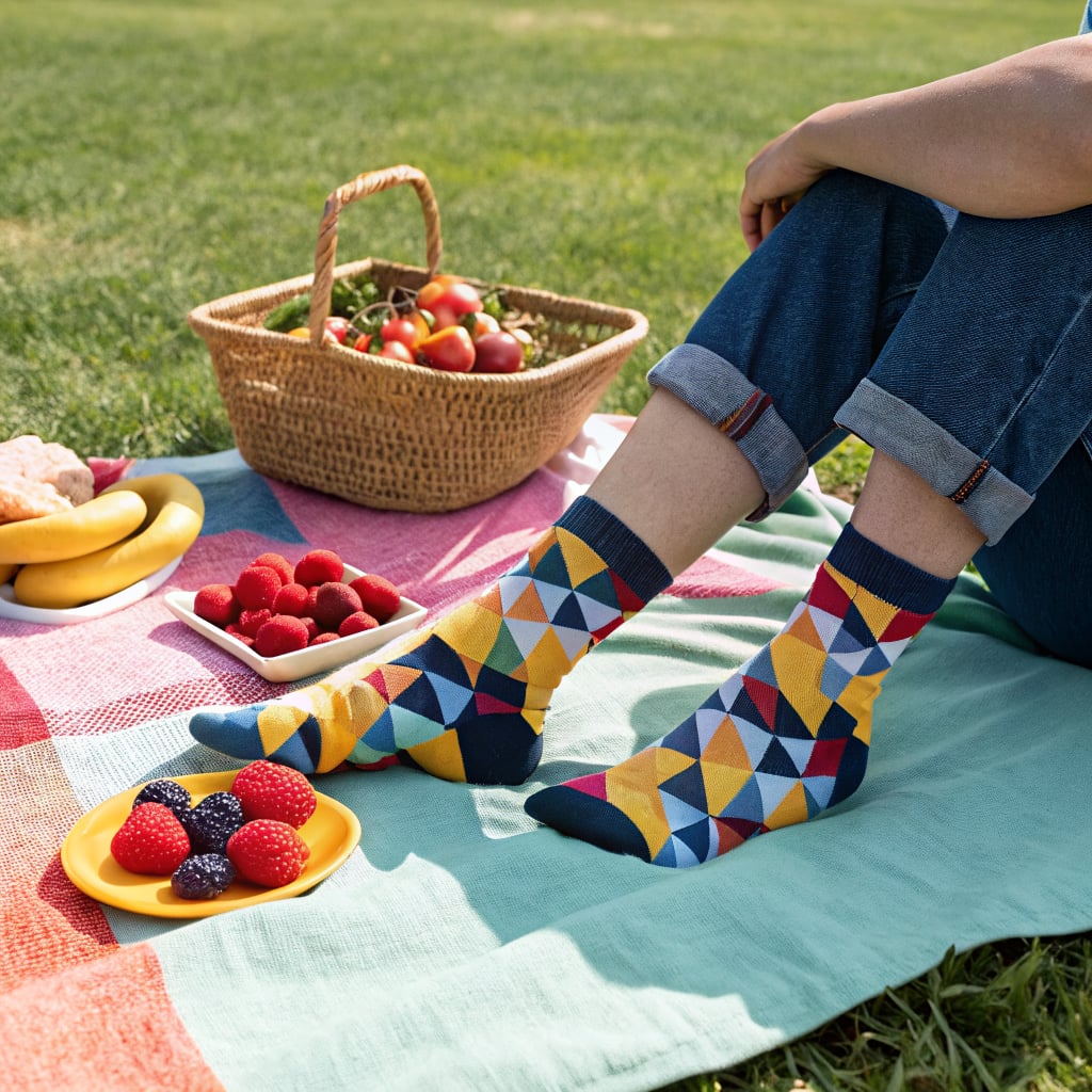 A person sitting on a picnic blanket with colorful socks, surrounded by fruits and a picnic basket.
