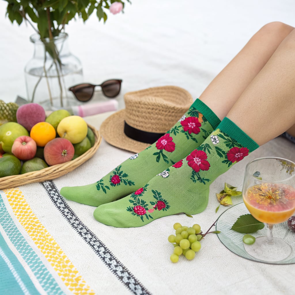 A person is sitting on a blanket with colorful fruits and wearing green socks with floral patterns.