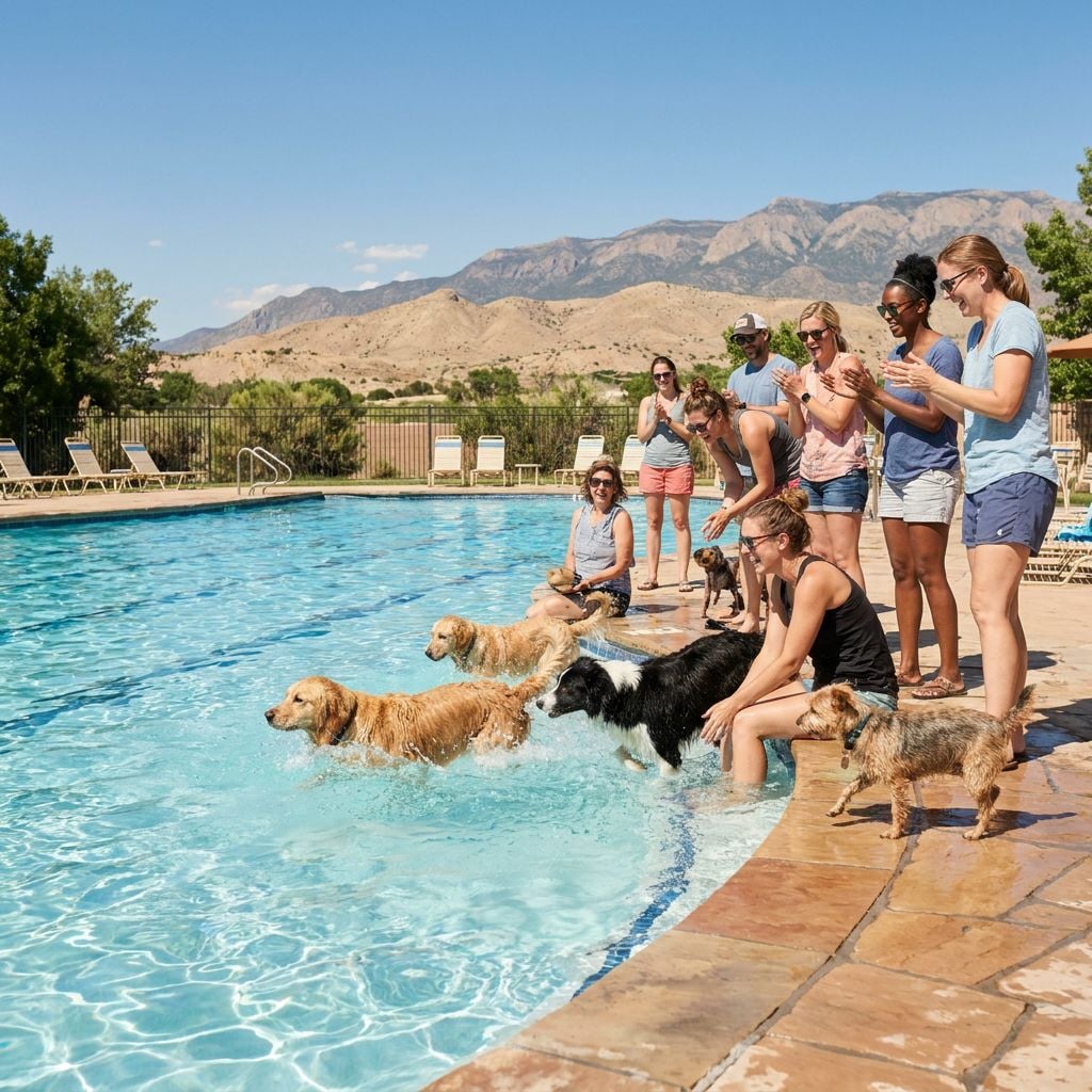 A group of people watches and enjoys dogs swimming in a pool.