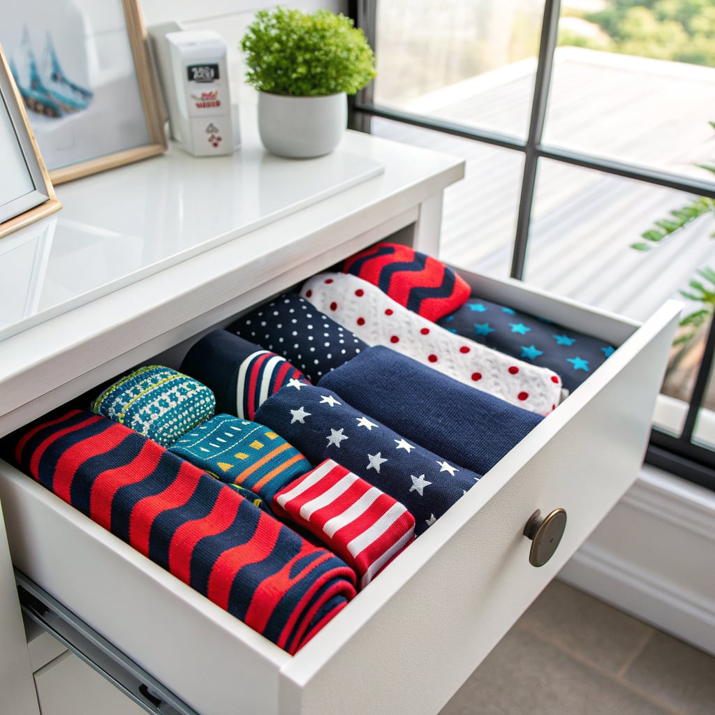 A neatly organized drawer contains folded clothes with various patterns, including stripes and stars.