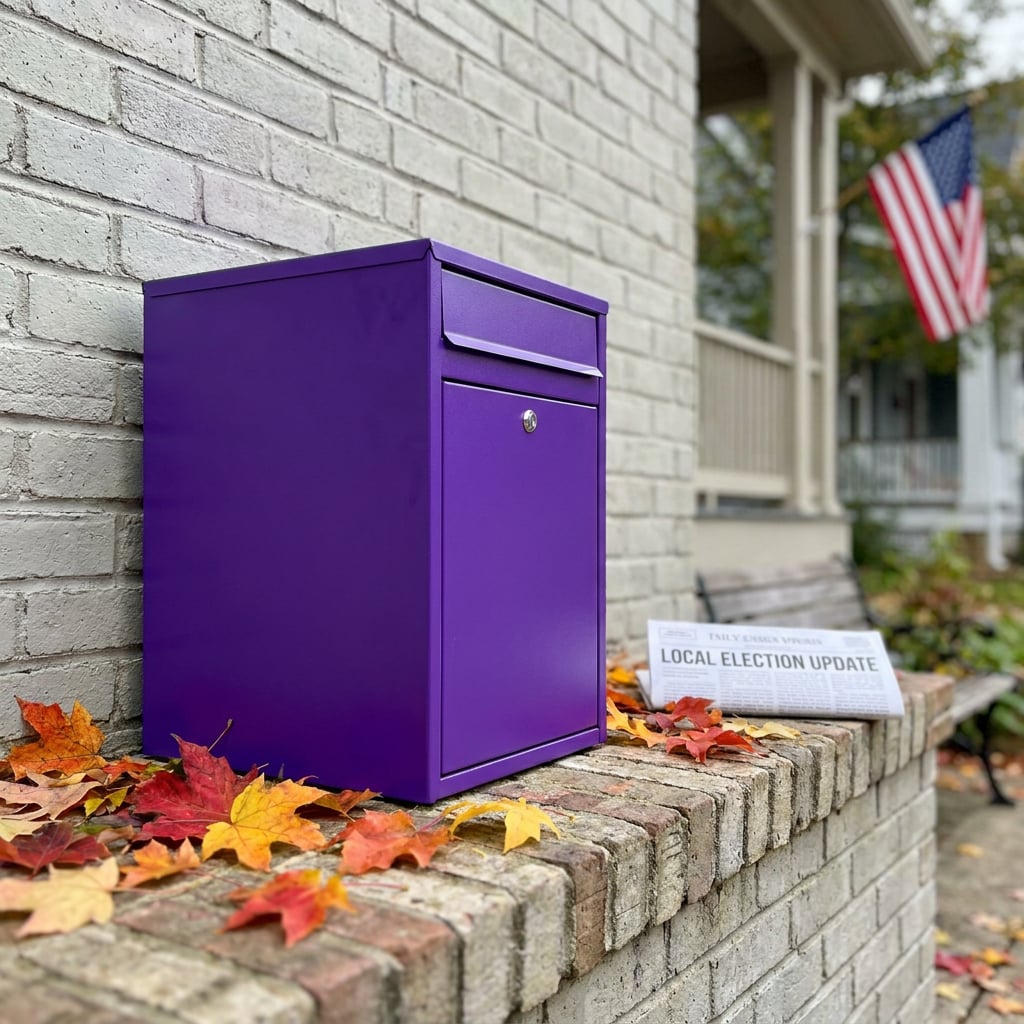 A purple mailbox is placed on a brick ledge with autumn leaves and a newspaper nearby.