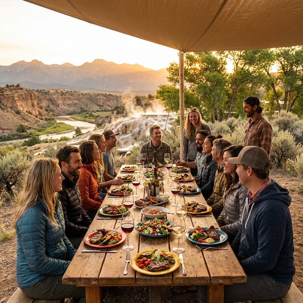 A group of people enjoying a meal outdoors at sunset near a river and mountains.