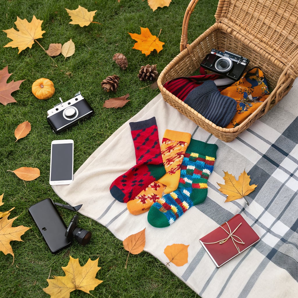 A picnic setup on grass with colorful socks, a camera, a smartphone, and autumn leaves.