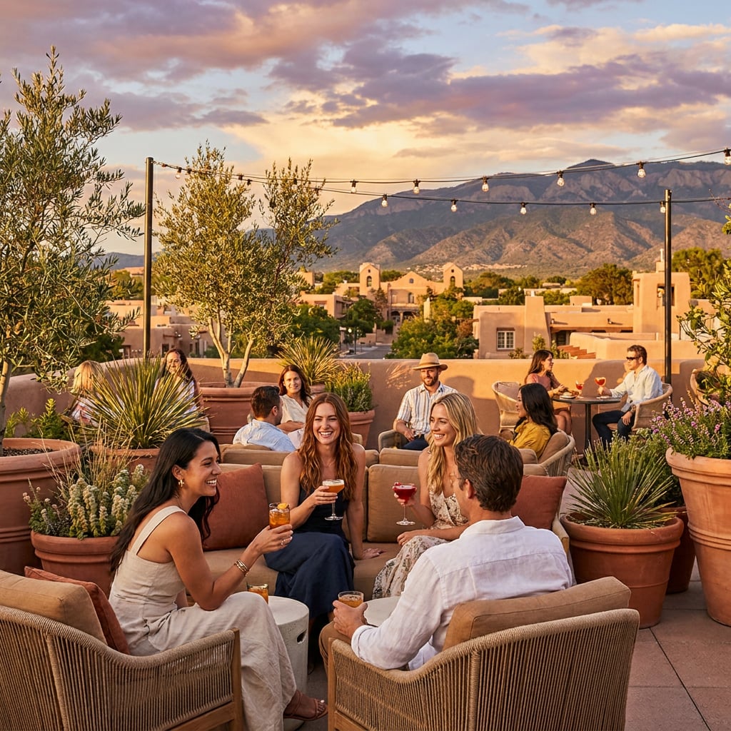 A group of friends enjoying drinks on a rooftop terrace with mountains in the background.