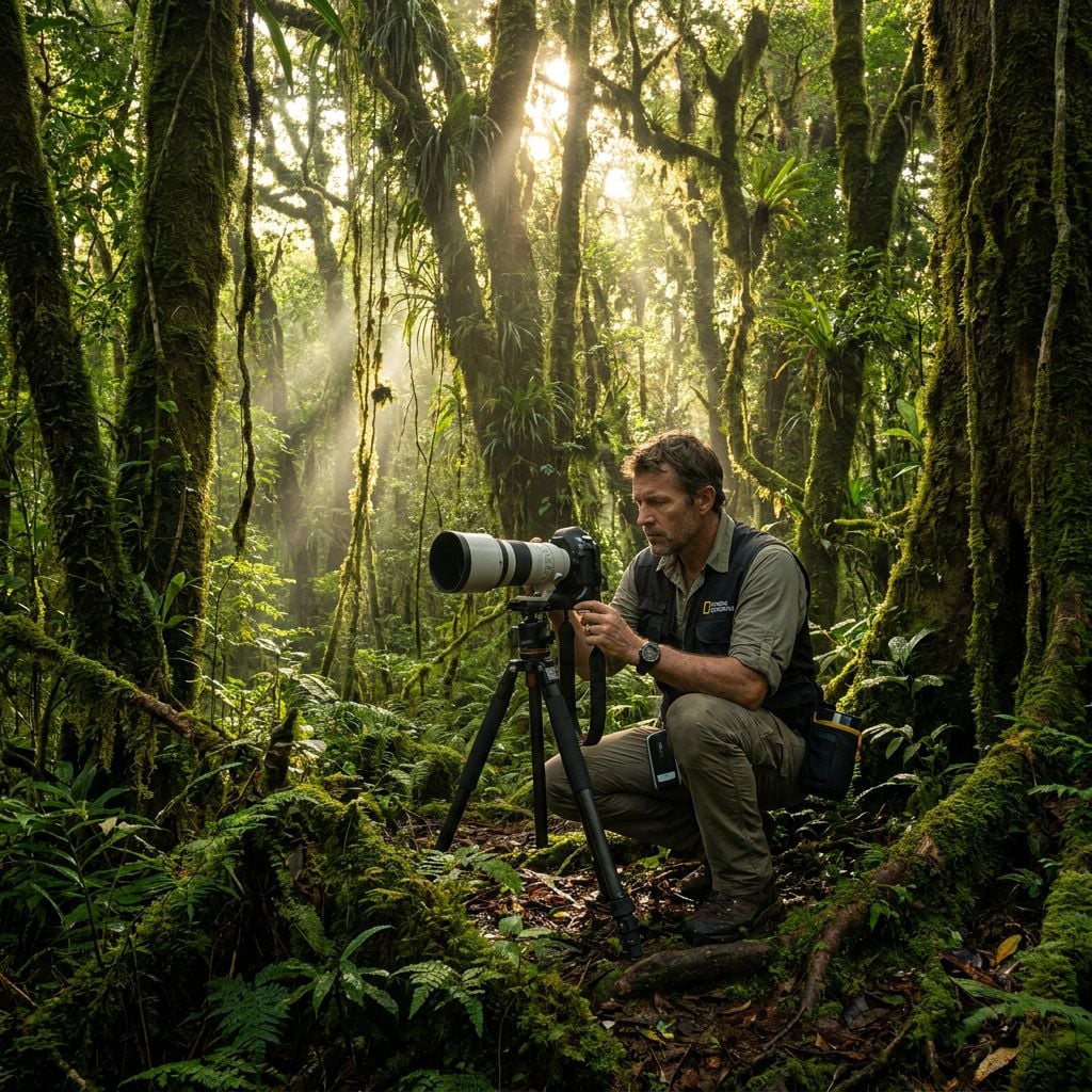 A photographer is crouched in a lush forest, preparing to take a photo with a large camera.