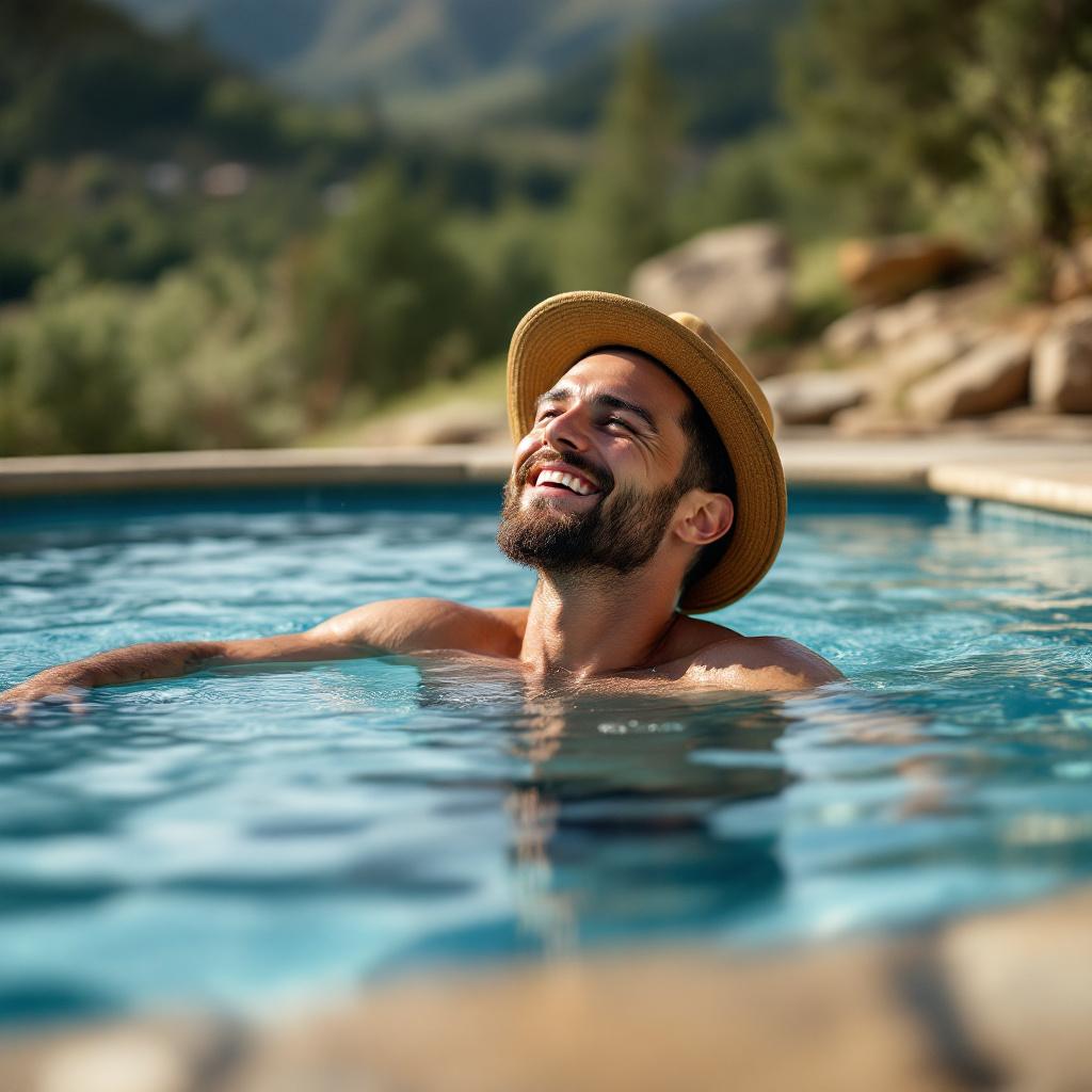 A man with a straw hat is relaxing in a swimming pool surrounded by nature.