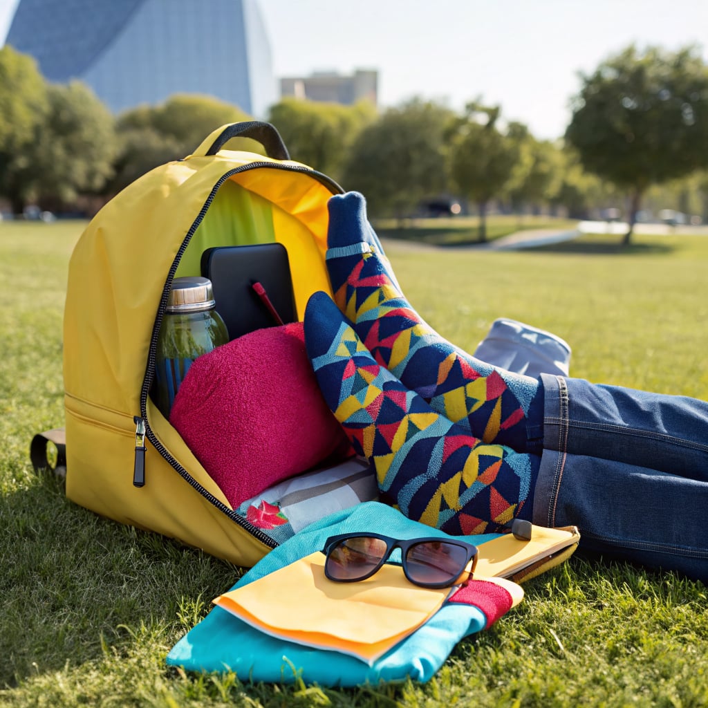 A person relaxing on the grass with a yellow backpack and colorful socks.