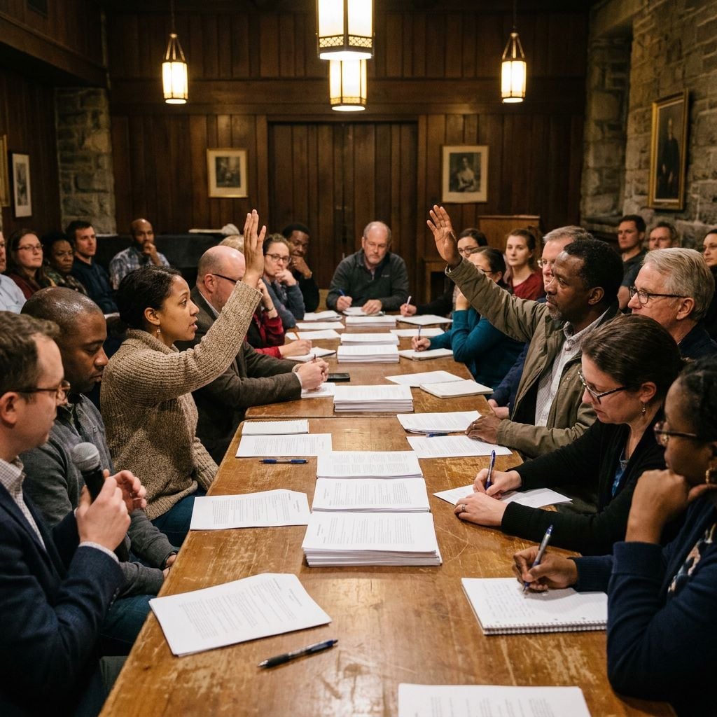 A group of people engaged in a discussion around a long wooden table with papers and notes in front of them.