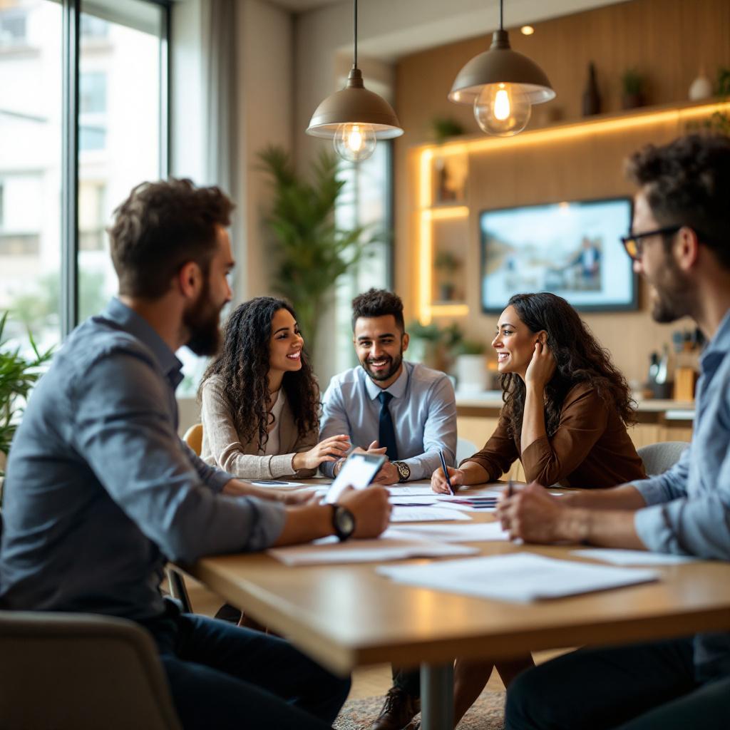 A group of five people engaged in a discussion around a table in a modern office setting.