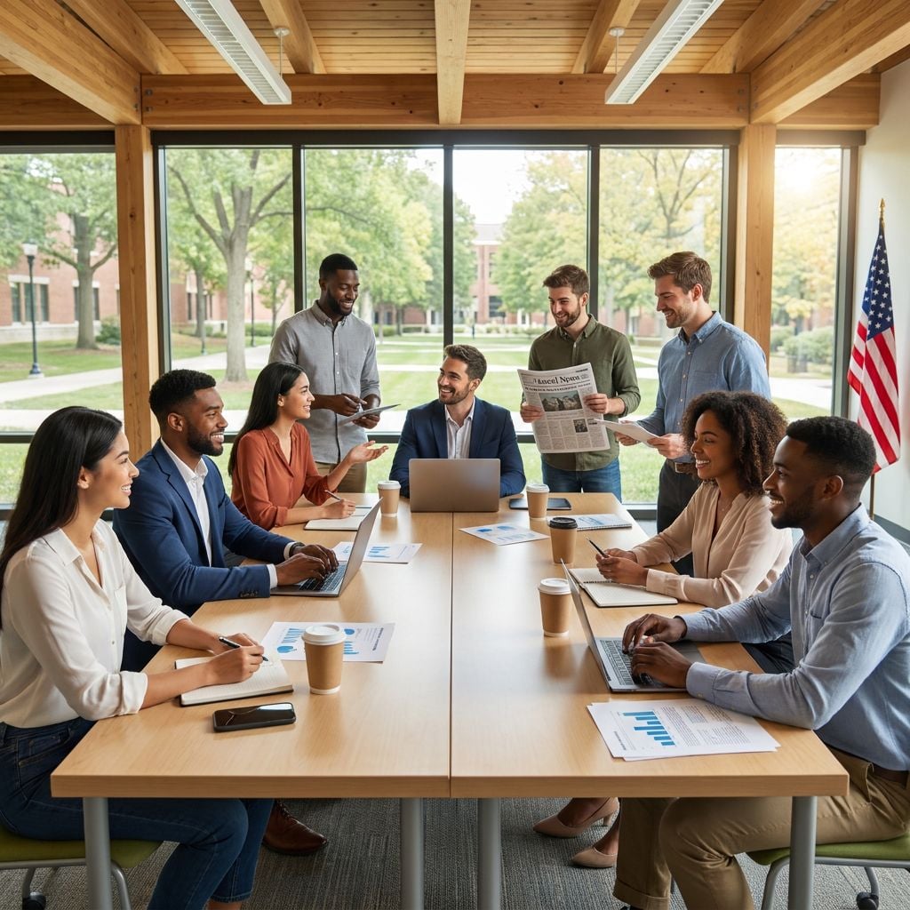 A diverse group of professionals engaged in a meeting around a conference table.