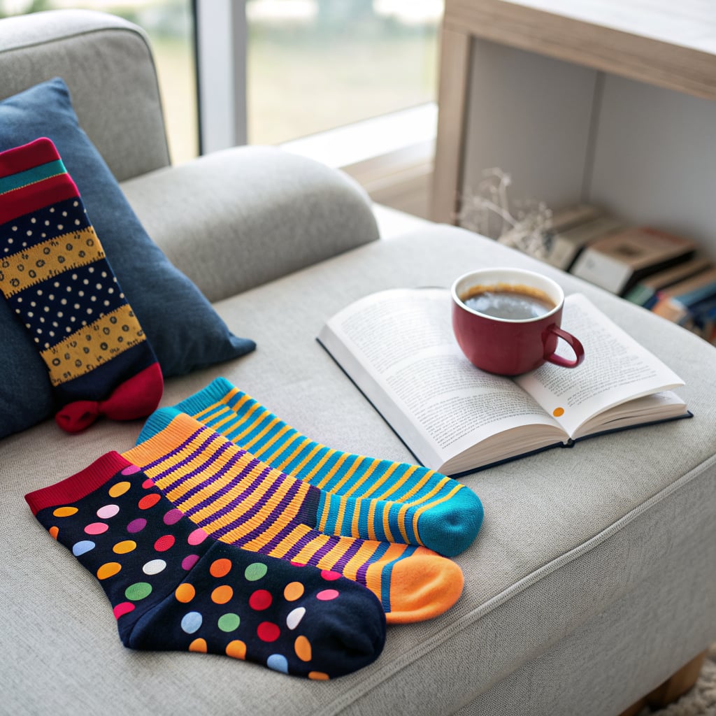 A cozy scene with colorful socks, an open book, and a cup of coffee on a sofa.