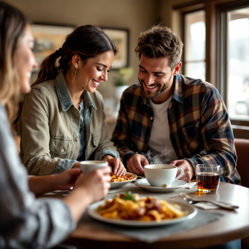 Three people are enjoying a meal together at a table in a cozy setting.