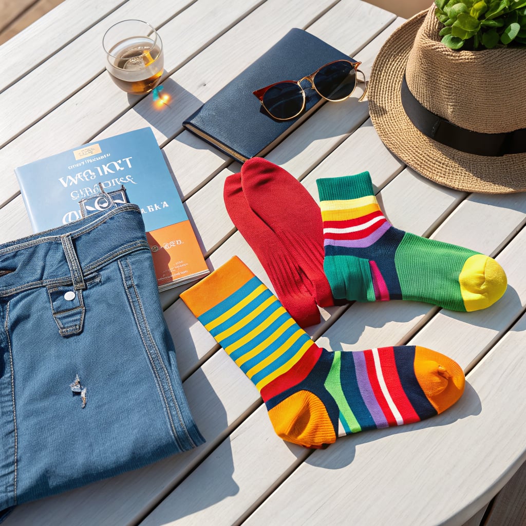A flat lay of colorful socks, a book, sunglasses, a notebook, and a drink on a table.