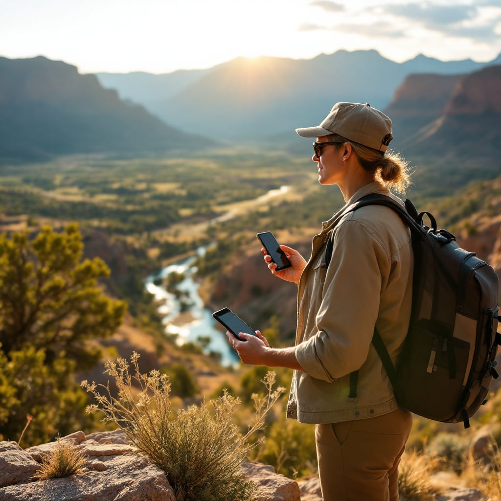 A person stands on a rocky outcrop overlooking a valley with a river, holding two smartphones.