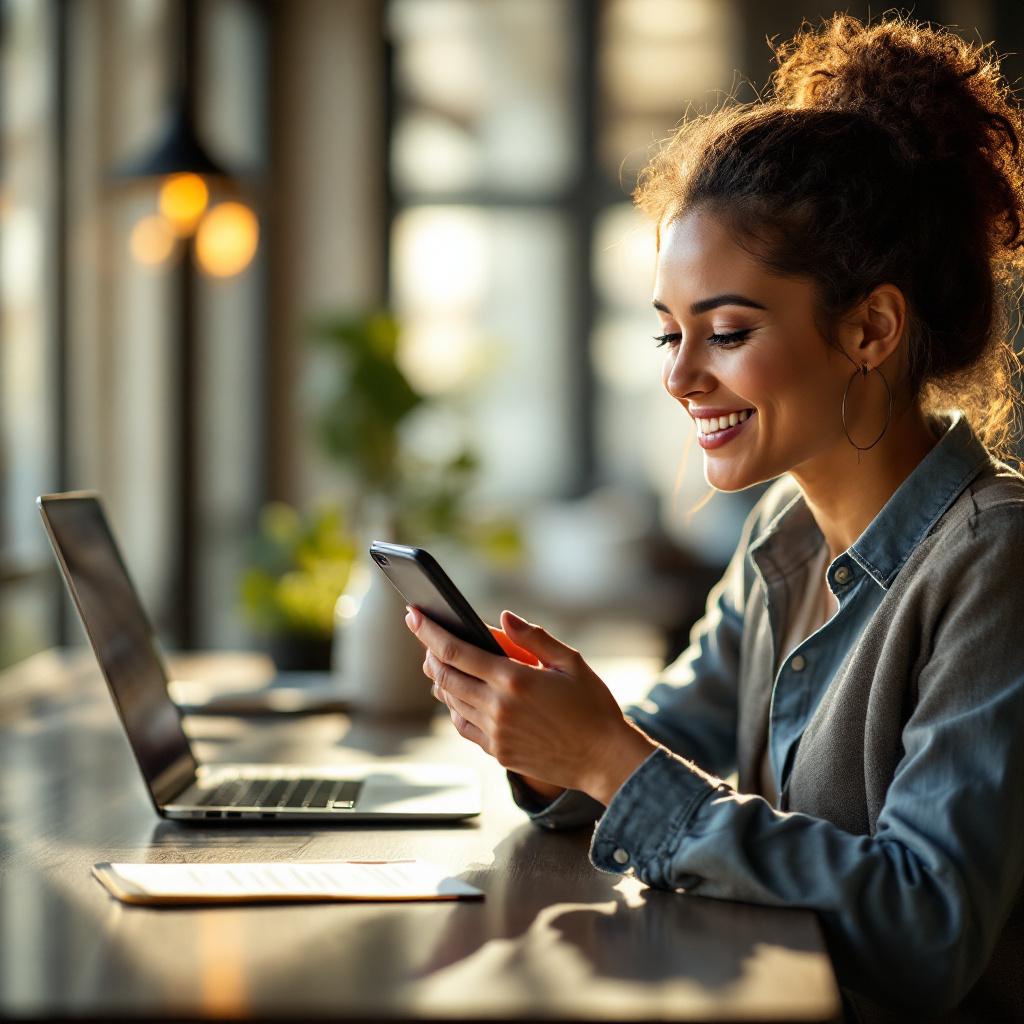 A woman is sitting at a table using her smartphone while smiling.