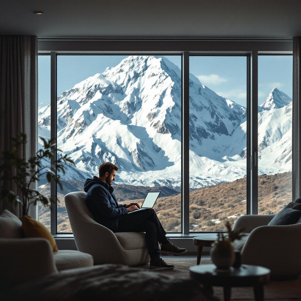 A man is working on a laptop in a cozy room with a view of snow-capped mountains.