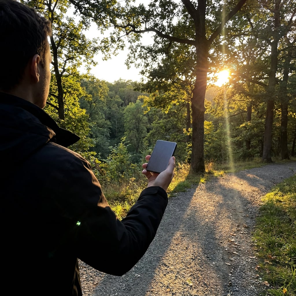 A person holding a smartphone while standing on a forest path during sunset.