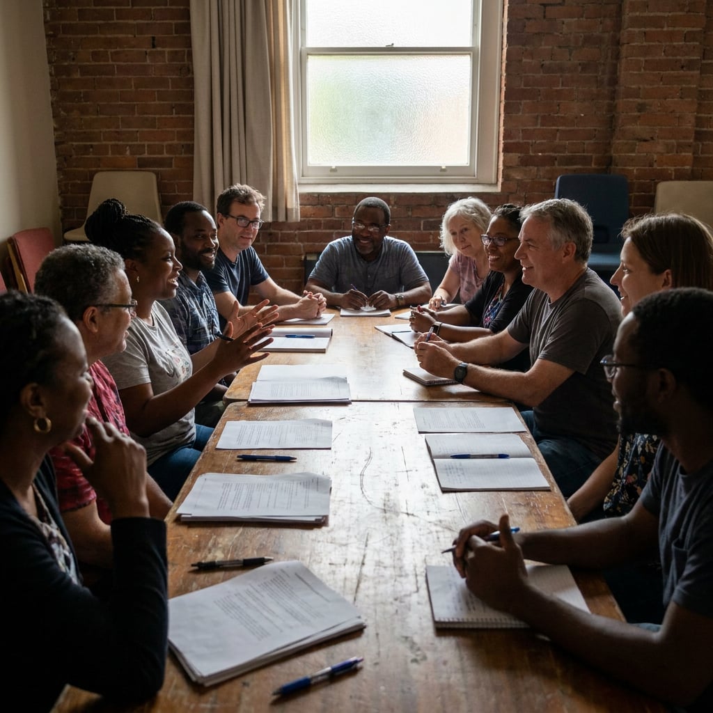 A diverse group of people engaged in a discussion around a long wooden table in a meeting room.