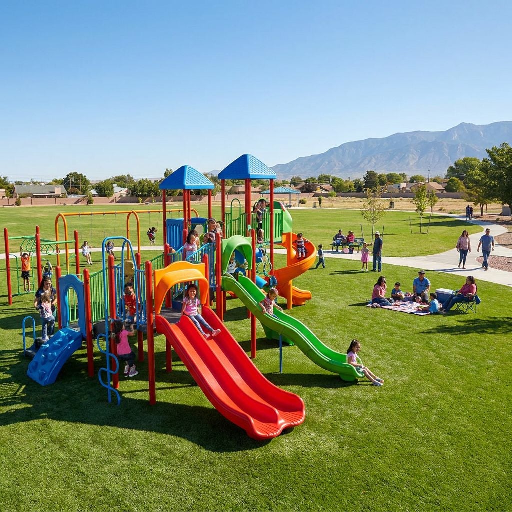 A vibrant playground filled with children playing on slides and climbing structures.