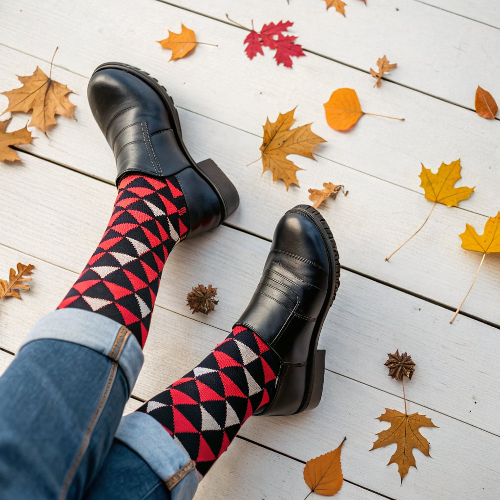 A person's legs wearing patterned socks and black shoes are surrounded by autumn leaves on a wooden surface.