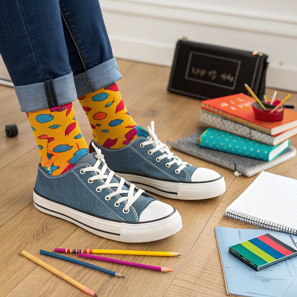 A person's feet wearing colorful socks and sneakers are surrounded by stationery and books on a wooden floor.