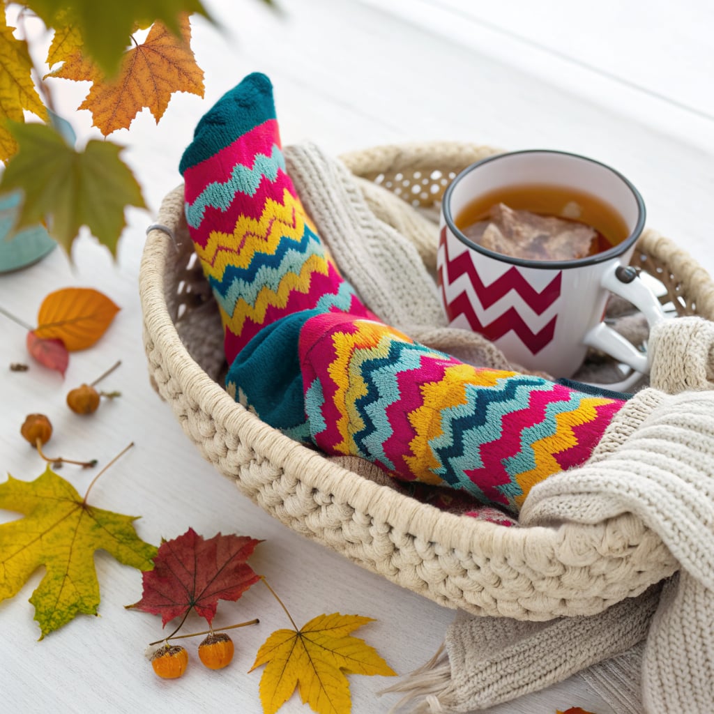 A pair of colorful zigzag patterned socks resting in a woven basket alongside a mug of tea and autumn leaves.