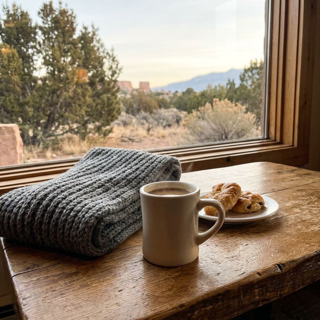 A cozy scene featuring a cup of coffee, a plate of pastries, and a knitted blanket by a window with a view of nature.