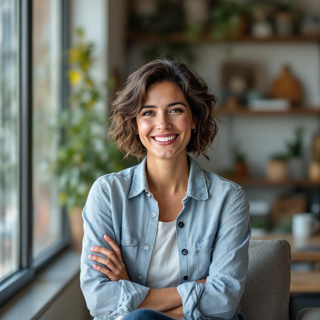 A smiling woman with curly hair is sitting on a couch in a well-lit room with plants in the background.