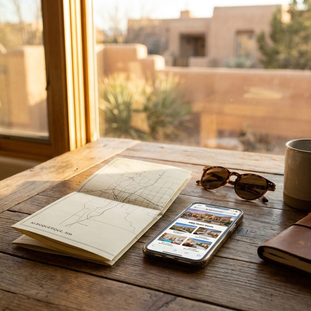 A wooden table with a map, sunglasses, a smartphone displaying images, and a mug.
