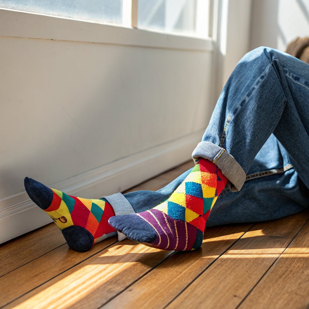 A person is sitting on a wooden floor, wearing colorful argyle socks.