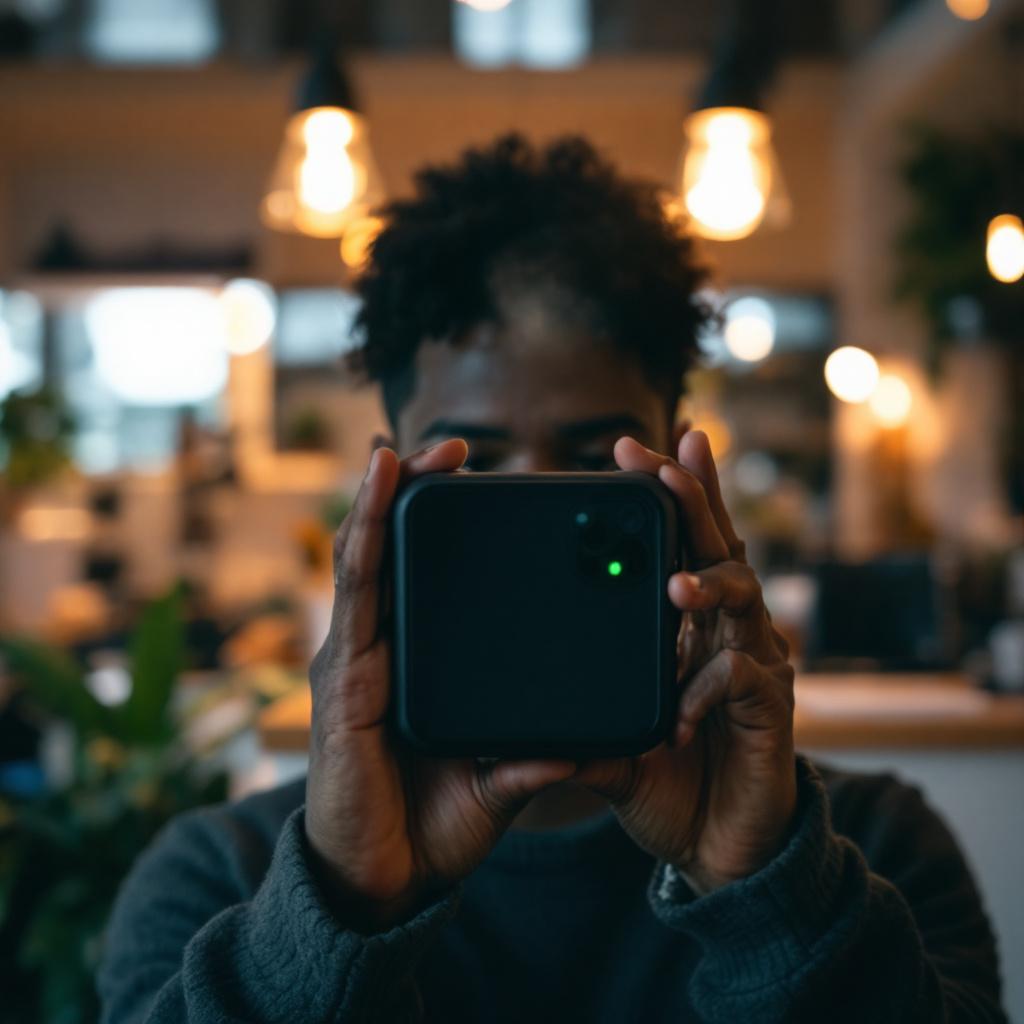 A person holding a camera in a cozy indoor setting.