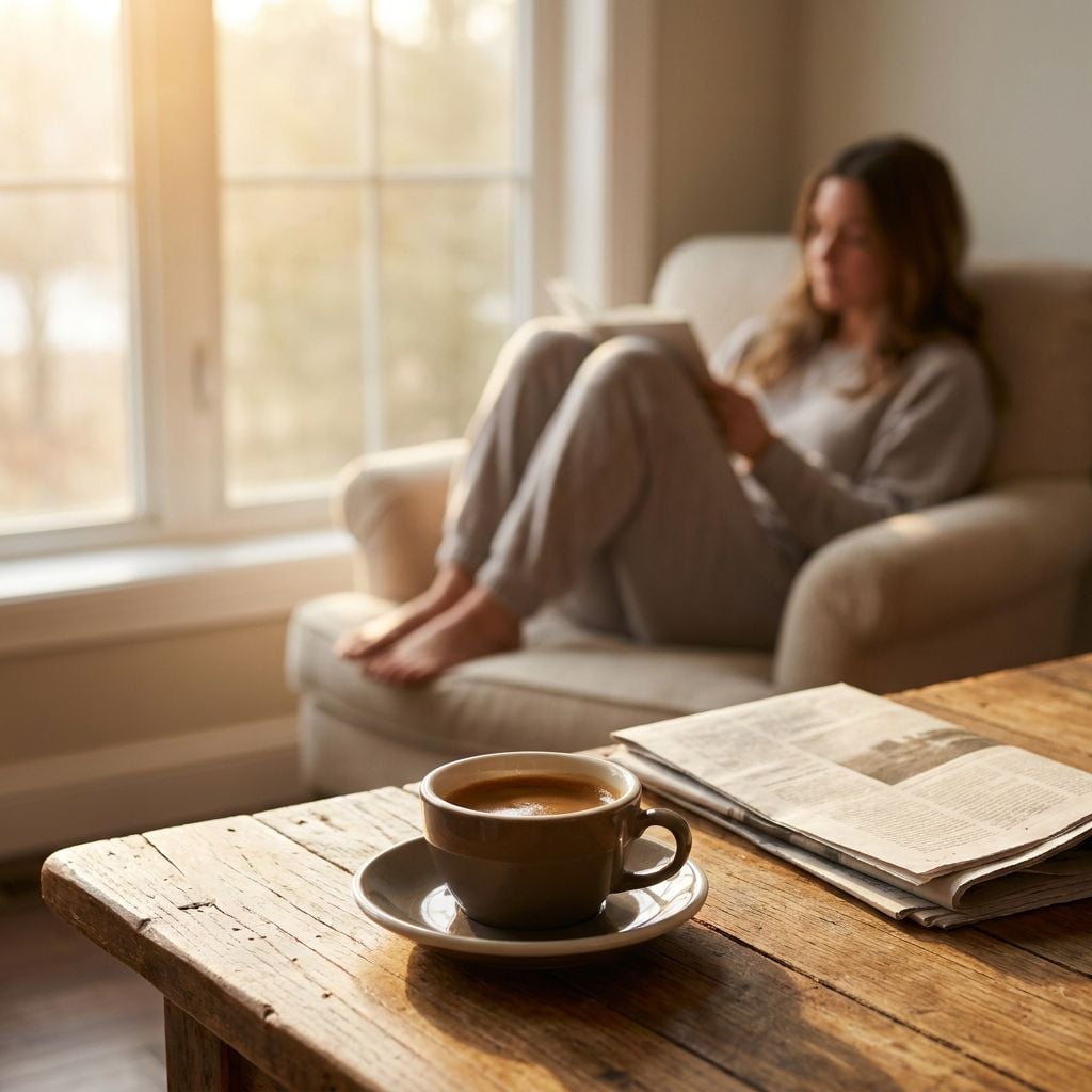 A woman is reading a book while sitting on a couch in a cozy room with a cup of coffee on a wooden table.
