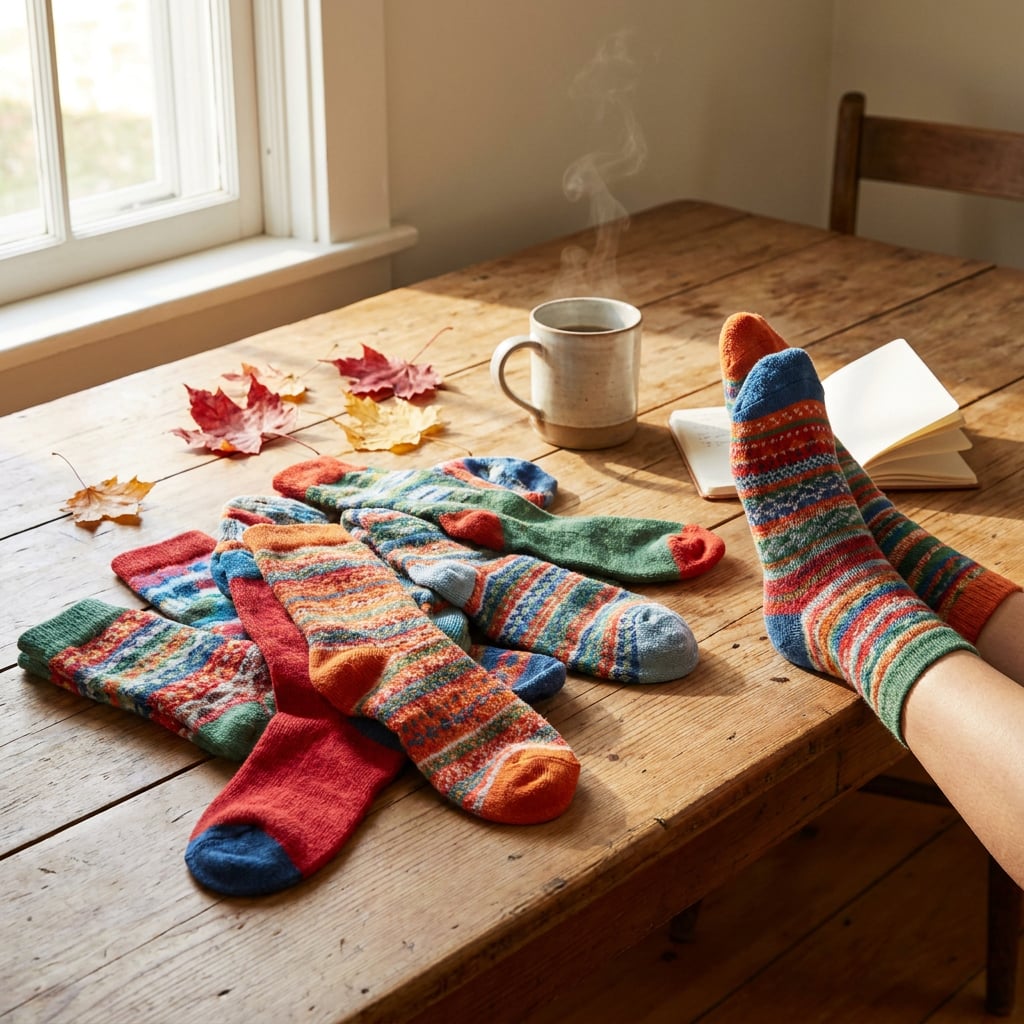 A cozy scene featuring colorful socks scattered on a wooden table next to a steaming mug and a notebook.