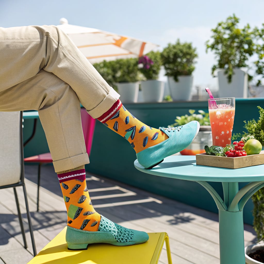 A person wearing colorful socks and shoes sits at a table with a drink and vegetables.