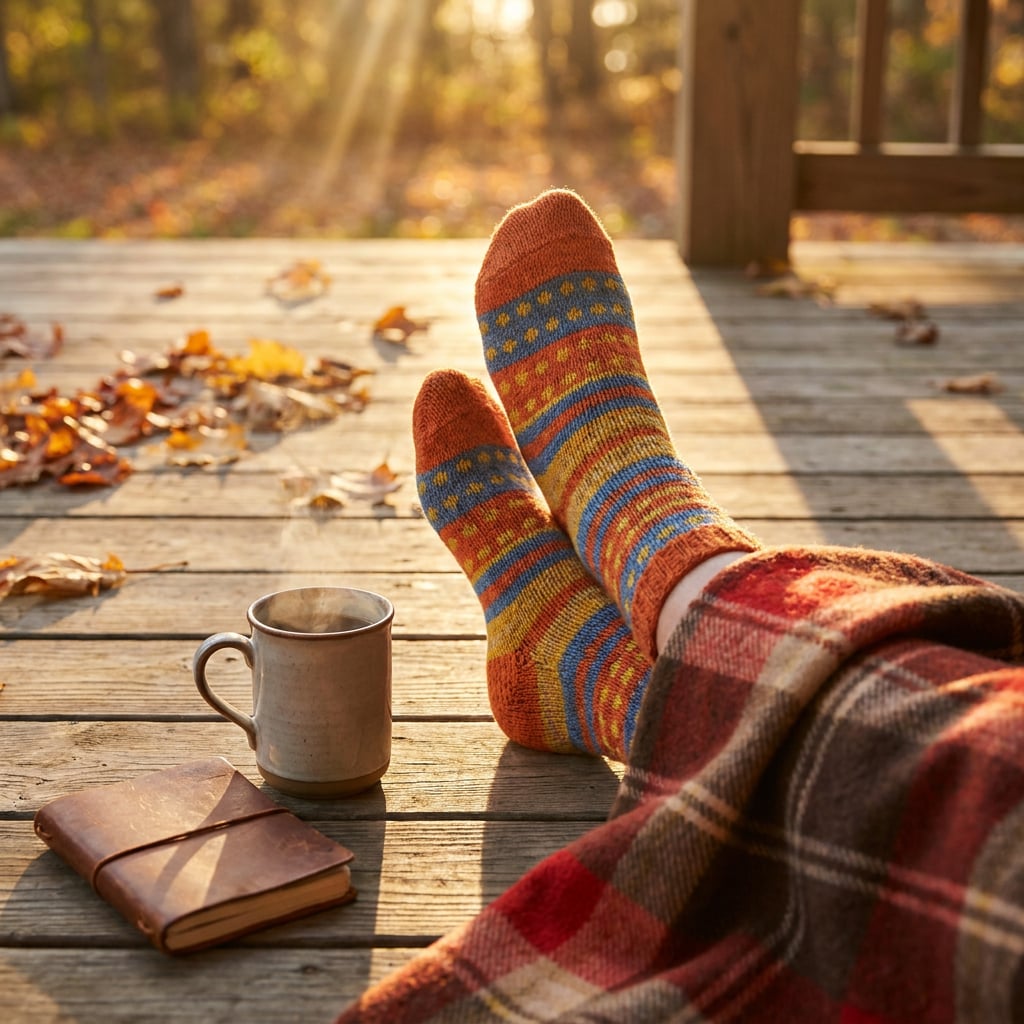 A person relaxing on a wooden porch with colorful socks, a steaming mug, and a notebook surrounded by autumn leaves.