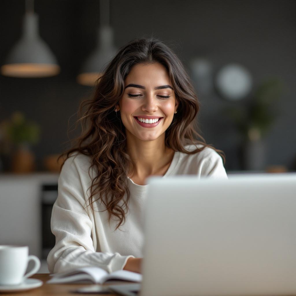 A woman is smiling while working on a laptop in a cozy indoor setting.